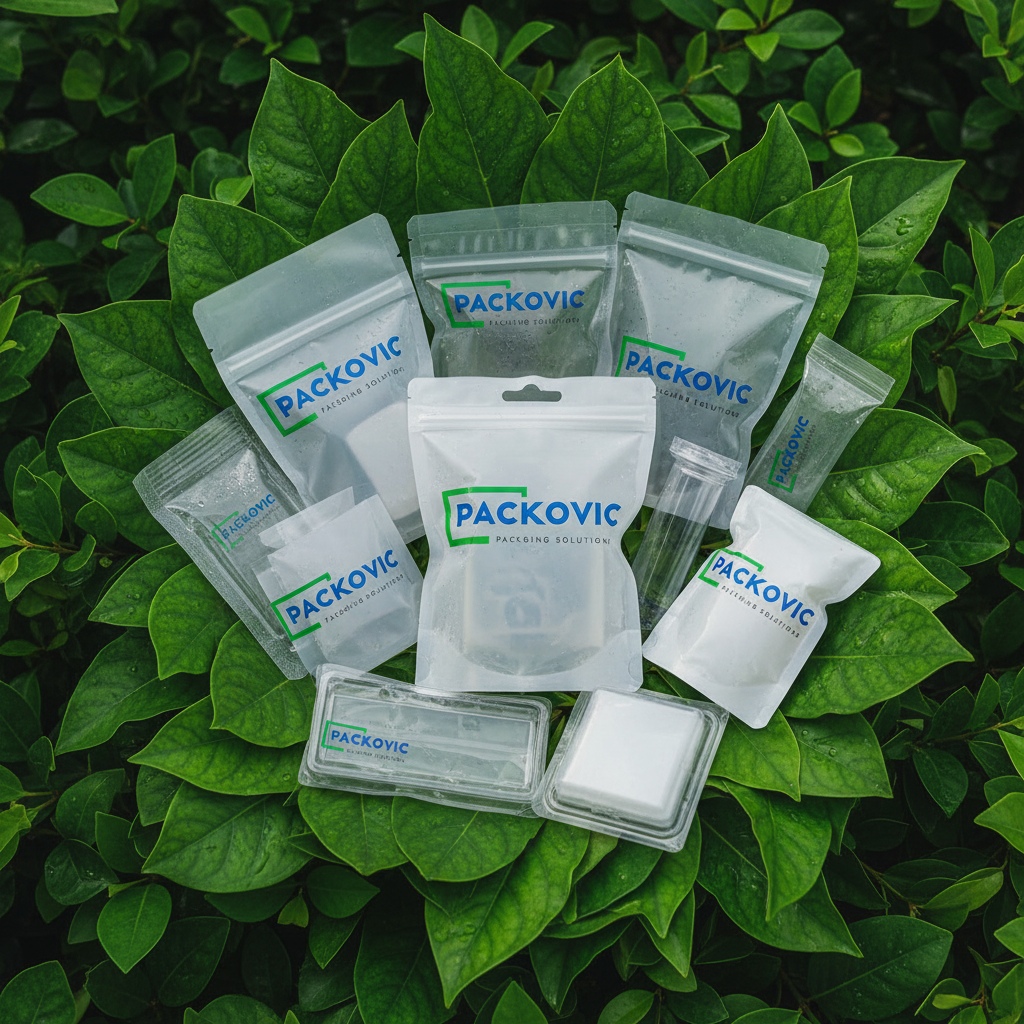 eco-friendly biodegradable plastic bags and sustainable packaging materials, green leaves background, environmental concept